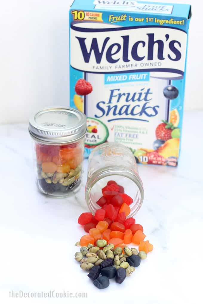 jars of view of rainbow snack mix mason jars with Welch's Fruit Snack box 