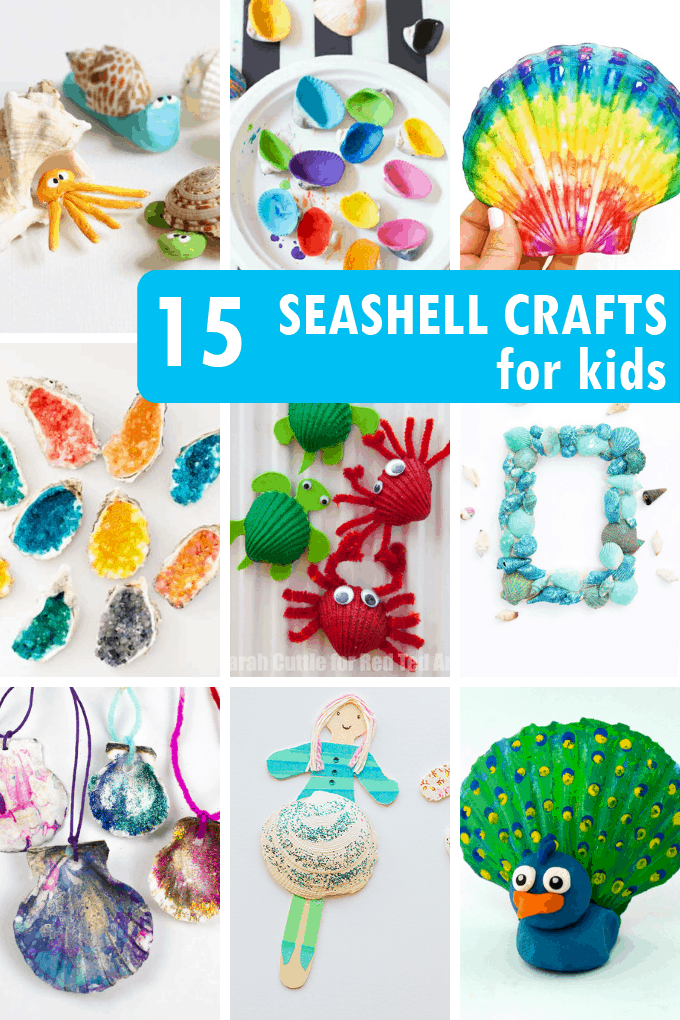 collage of seashell crafts for kids 