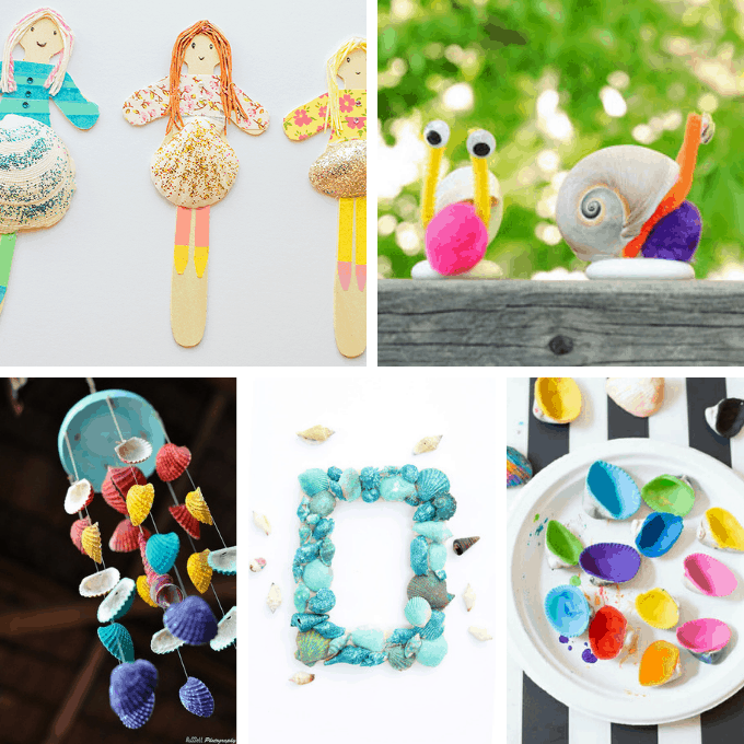 collage of seashell crafts for kids