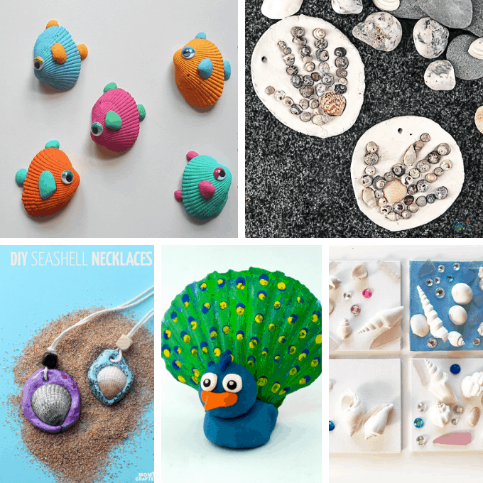 collage of seashell crafts for kids