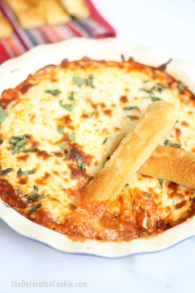 lasagna dip with breadsticks