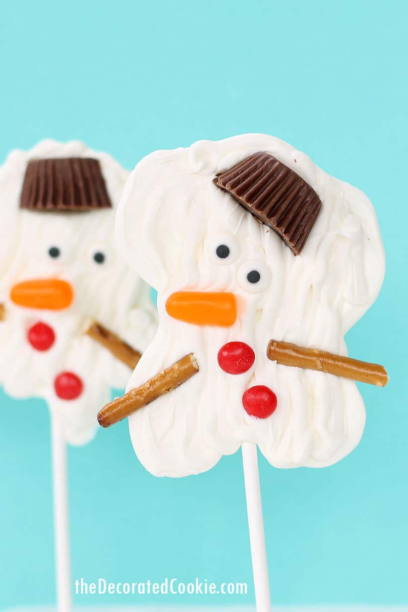 melting snowman candy pops on lollipop sticks