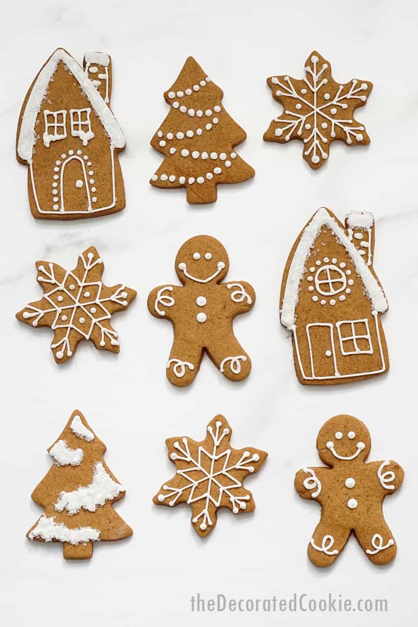 no-spread gingerbread cookies decorated with royal icing 