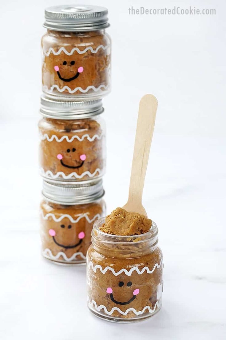 edible gingerbread cookie dough in cute little gingerbread man jars