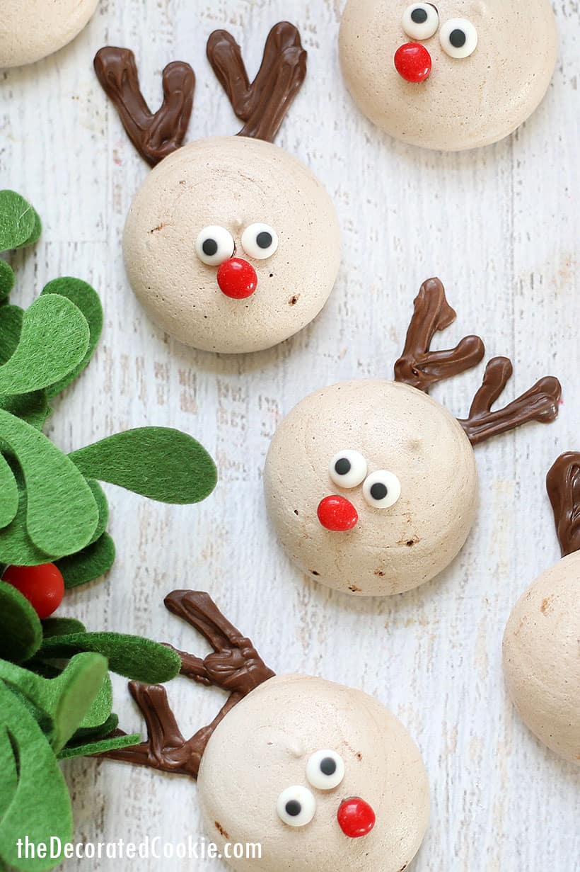 chocolate peppermint meringue cookies decorated as reindeer for Christmas
