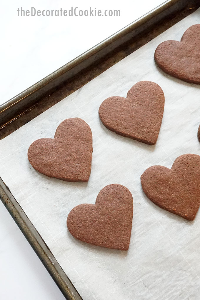 baking tray with chocolate heart cookies