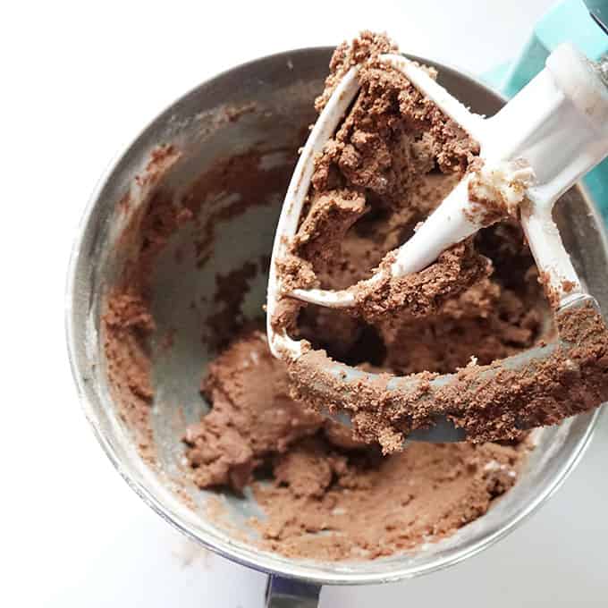 chocolate sugar cookie dough in mixer