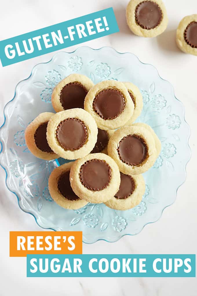 gluten free sugar cookies with REese's peanut butter cups on blue plate
