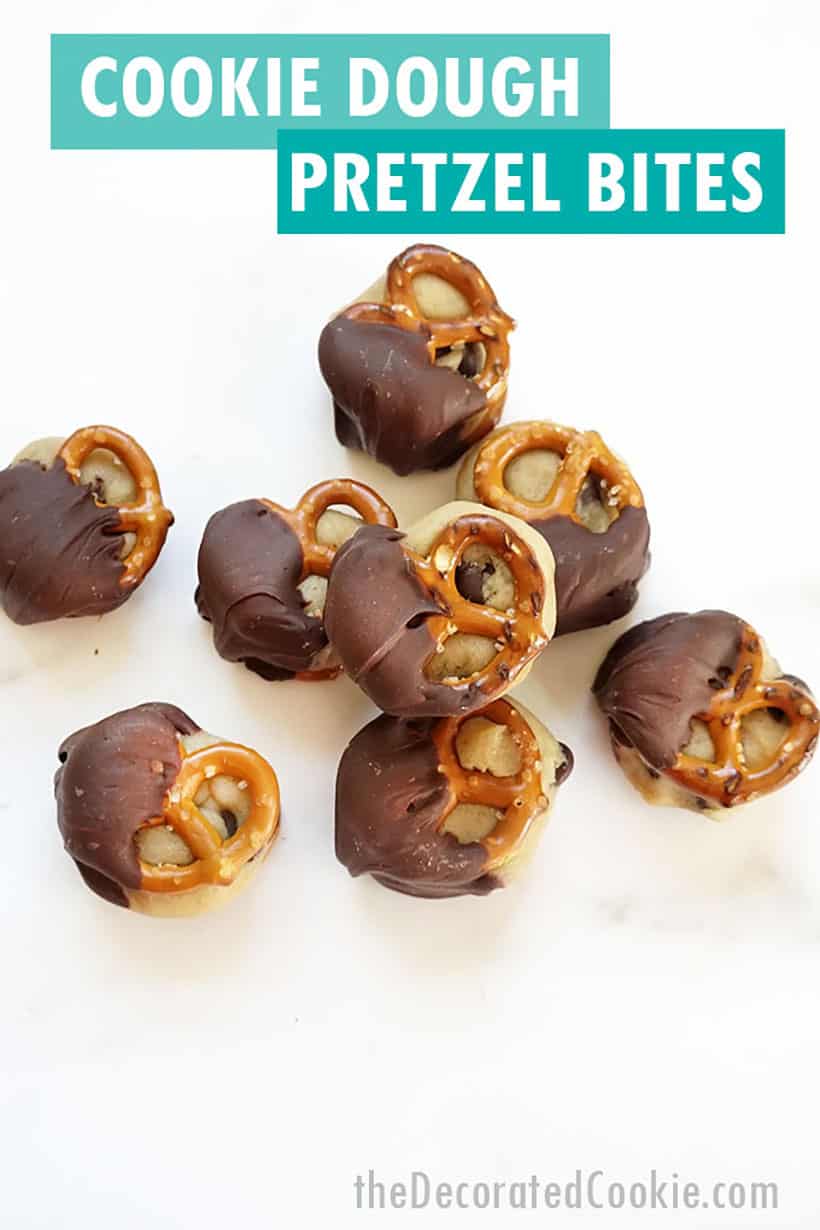 edible chocolate chip cookie dough bite with pretzels and chocolate
