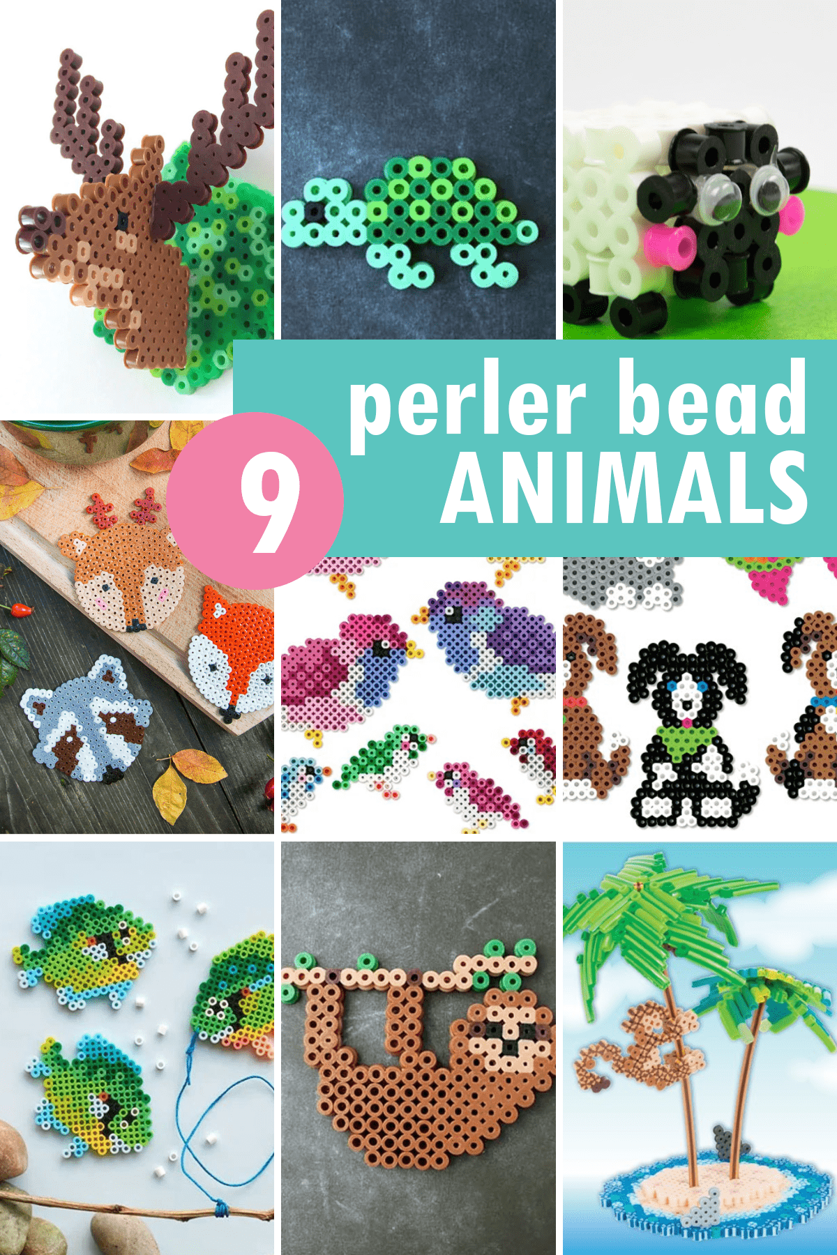 PERLER BEAD ANIMALS-- Easy, free animal melty beads ideas. Includes cats, dogs, fish, sloth, fox coasters, and more.